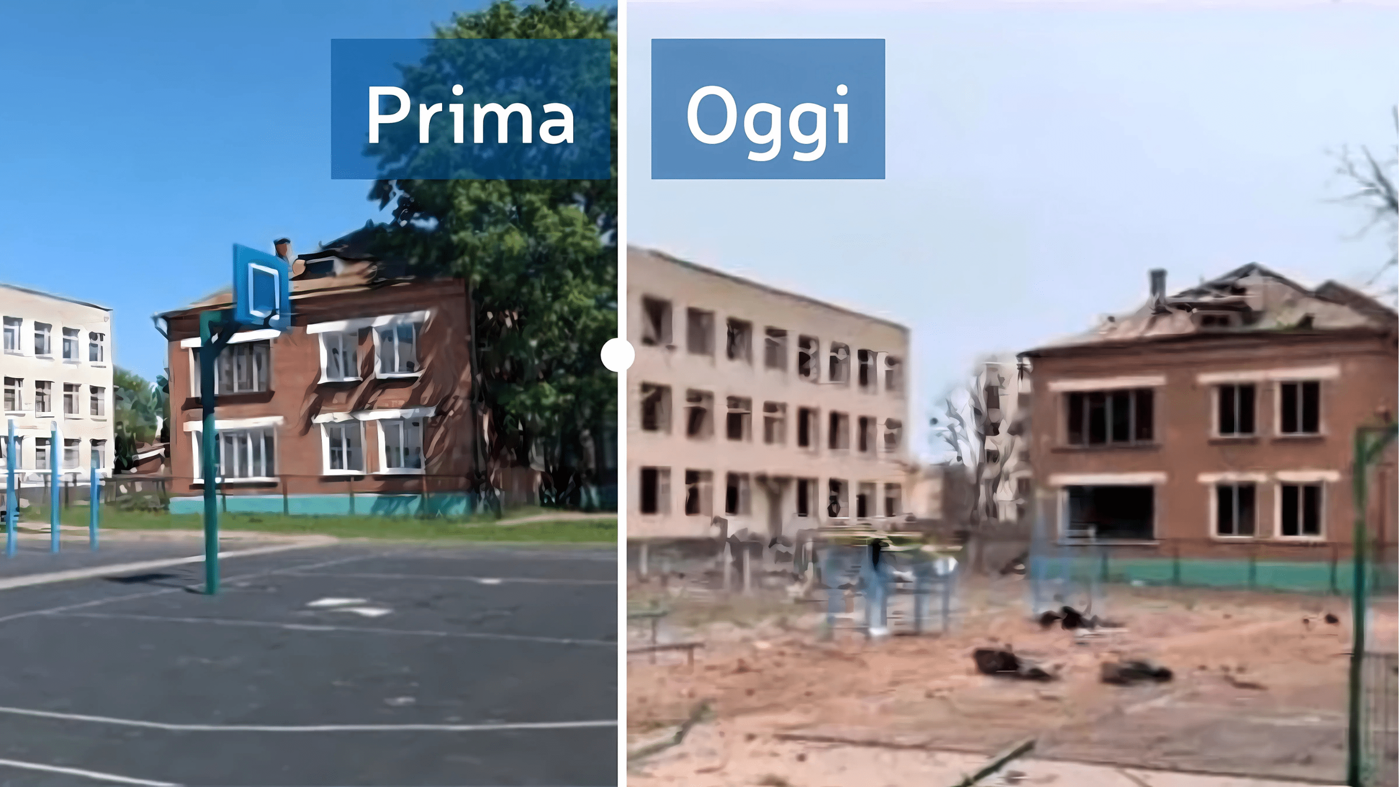 La scuola di Sumy prima e dopo l'attacco missilistico del 24 marzo 2025